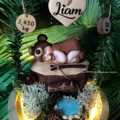super cadeau de naissance - cloche led sous verre - thème ours brun - réalisé par la créatrice Louise